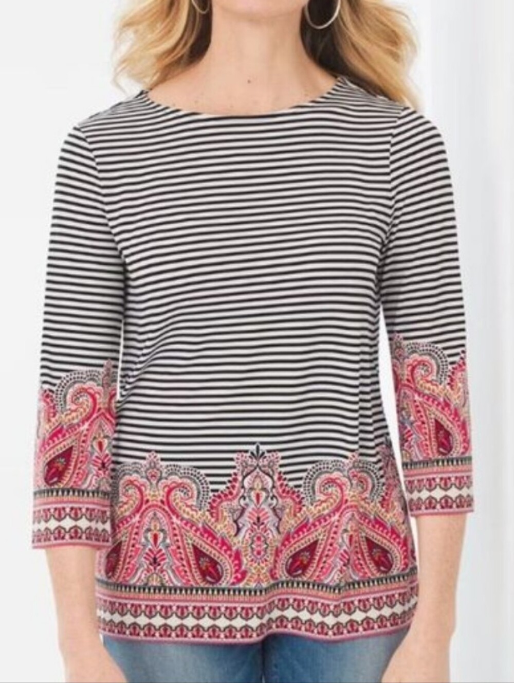 Chico's 3 Black and White Striped Top with Coral Pink Paisley XL 16